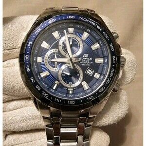 Men's Casio Edifice EF-539 Blue Dial Chronograph Stainless New Battery WR 100M